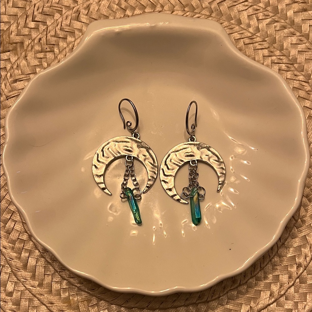 Silver Crescent Moon Earrings with Blue Accents